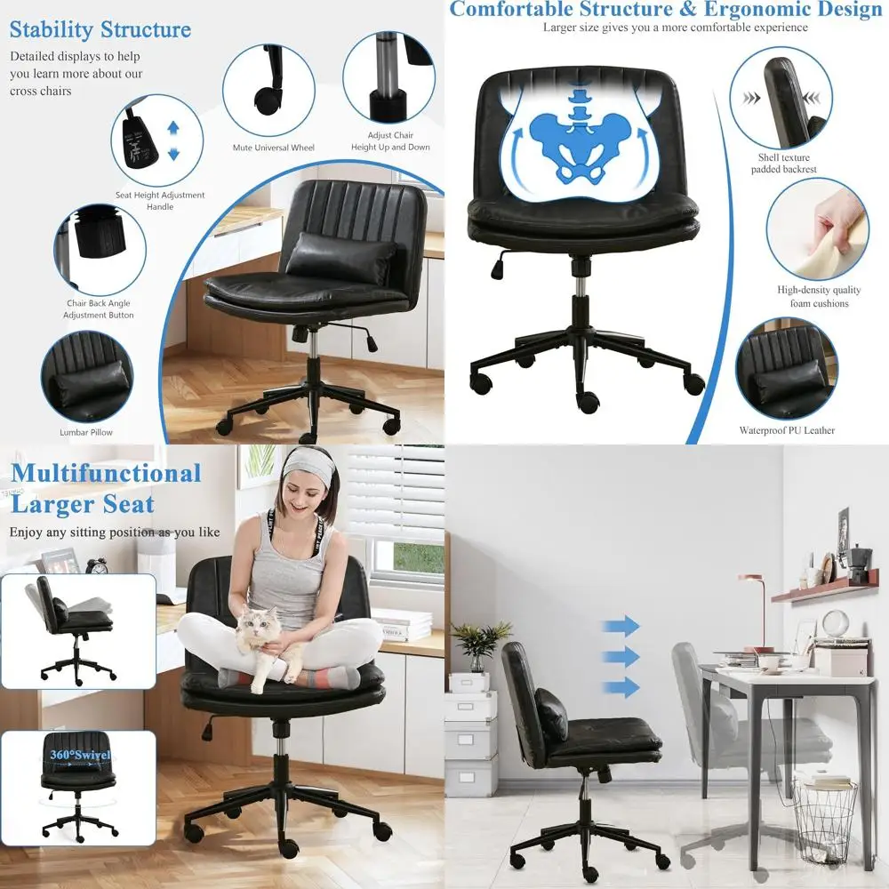 

Adjustable Swivel Office Chair with Wheels, Armless Wide-Legged Desk Chair for Home, Dressing Room Use