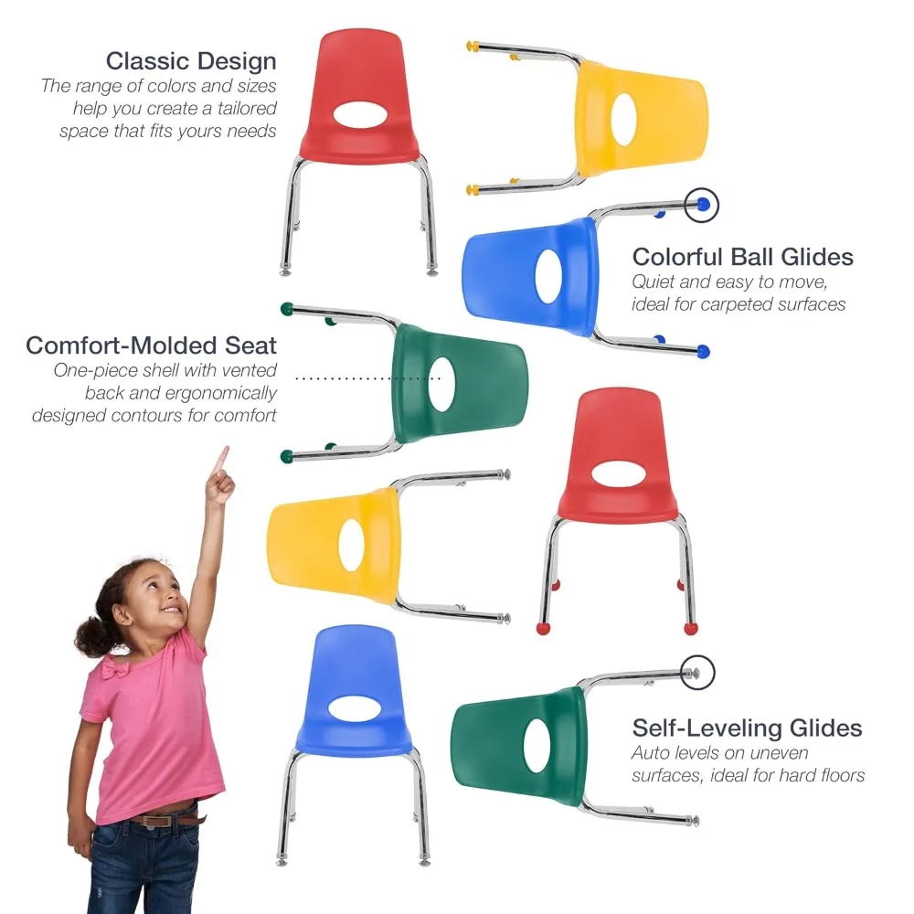 School Stack Chair, Stacking Student Chairs with Chromed Steel Legs and Ball Glides - Assor Colors