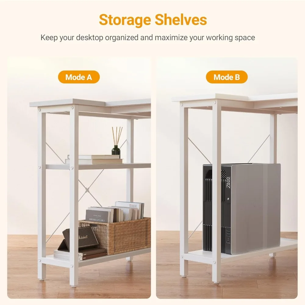 40" L-Shaped Computer Desk with Reversible Storage Shelves, Home Office Corner Desk for Study and Gaming in Pure White