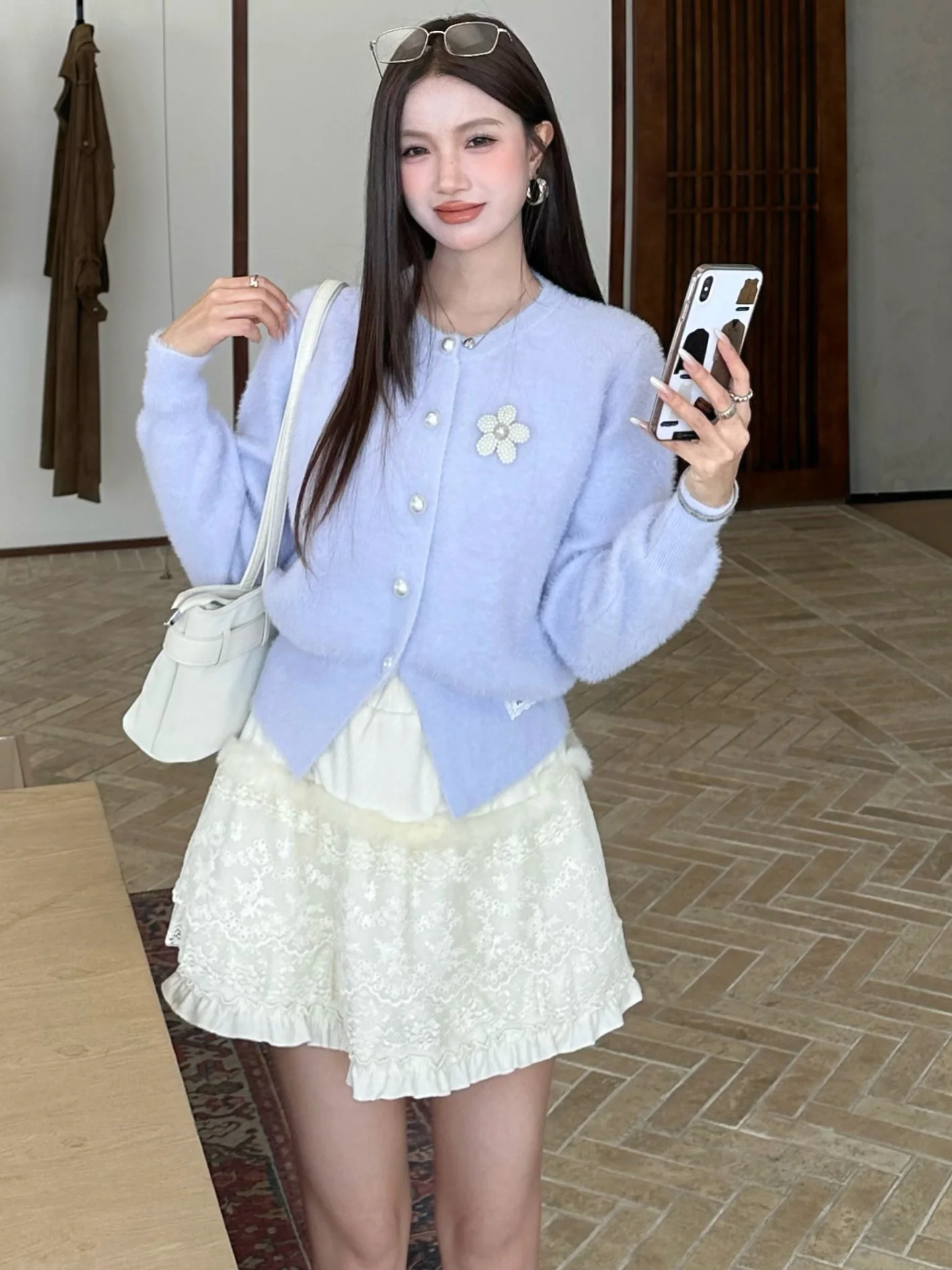 

IcyNude Purple Pearl Button Knitted Open Cardigan Loose Long Sve Women's irt Nylon Fabric round Ne Regular Length