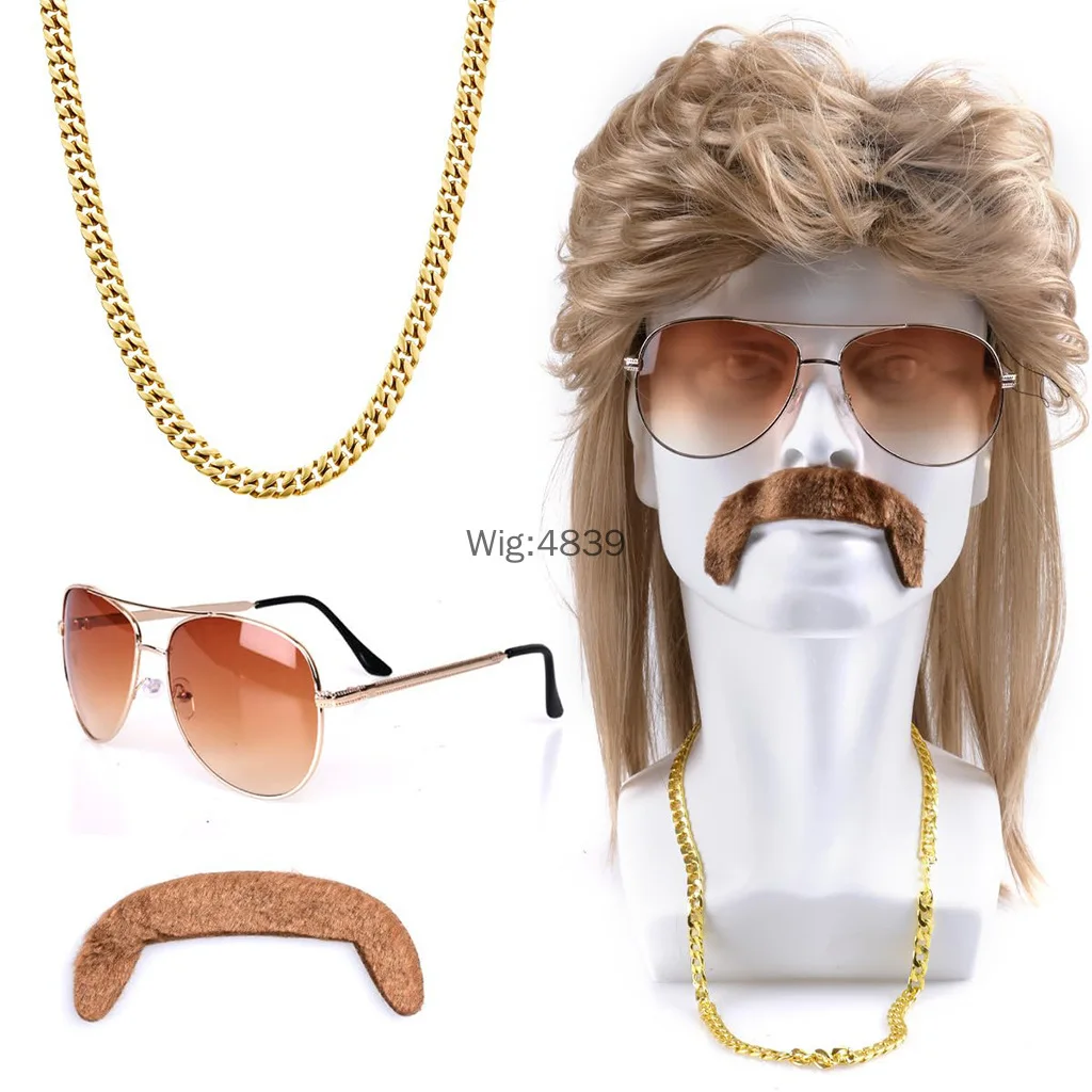 

1980s Men's Brown Wig Halloween Costume Wig European & American Hippie Rock Wig+ Glasses + Necklace + Beard Sets