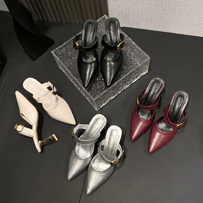 

Новые женские туфли на высоком каблуке с металлической пряжкой, весенне-летние элегантные модные женские повседневные тапочки Baotou с острым носком.