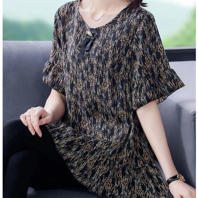 Vintage Printing Loose T Shirts Summer New Short Sleeve Pleated Lacing All-match Casual Tops Tees Fashion Trend Women Clothing