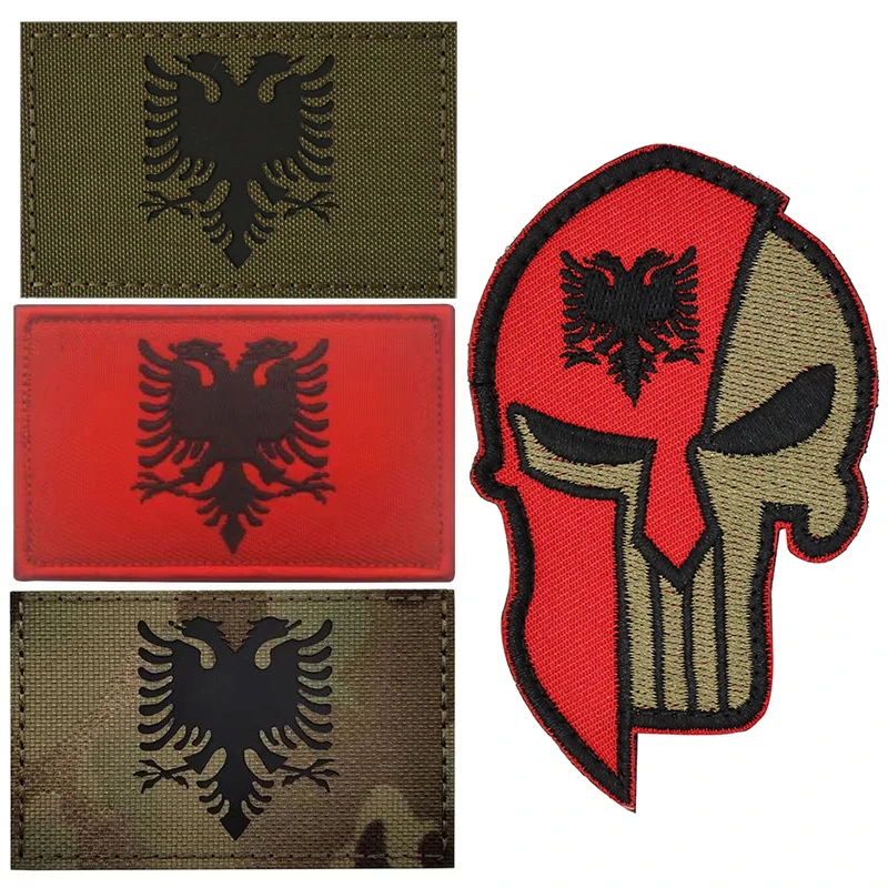 Albania National Flag Embroidered Patches for clothing SPARTAN HELMET Molon Labe badges Eagle Stripes