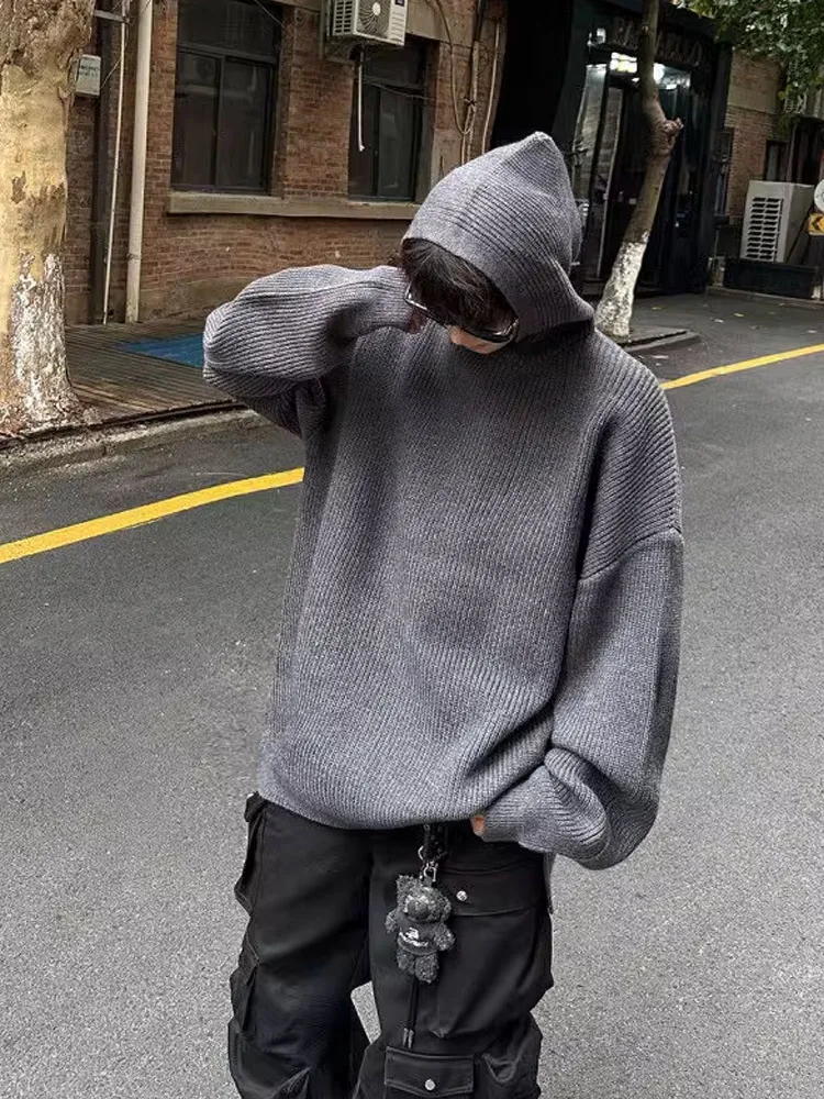 

Korean Sle Cleanfit Bla Hoodie Men's Autumn Winter Lazy High-End Loose Knitted Sweater Jaet Polyester Fiber Thiened L...