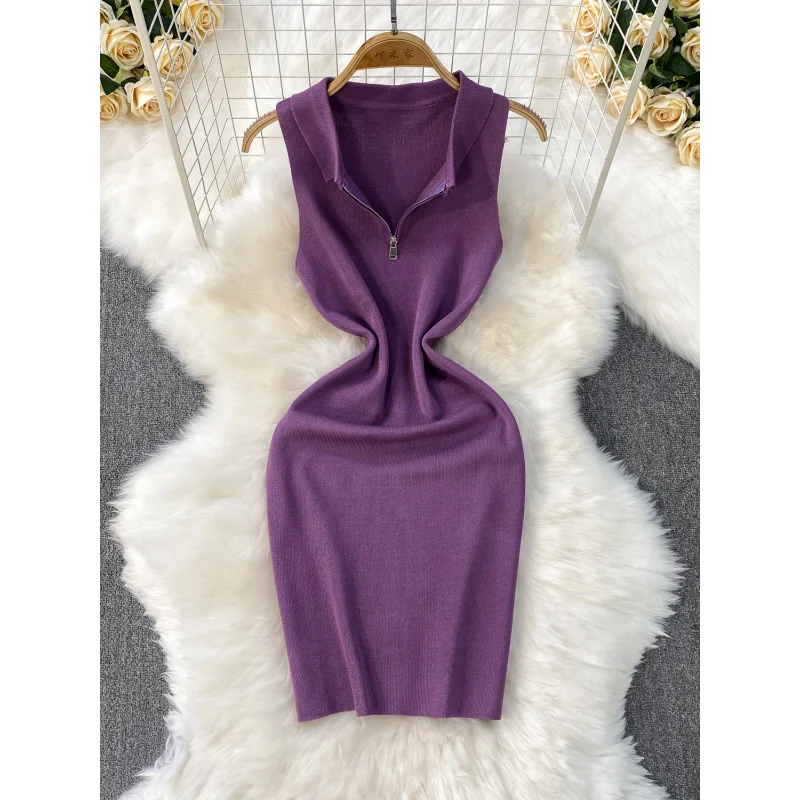 INS mince femmes été col polo tricoté moulante mini robe courte débardeur décontracté Chic fête sexy fermeture éclair streetwear robe de boîte de nuit