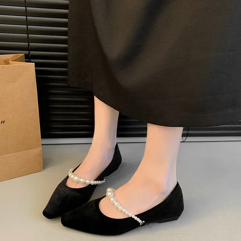 

Women's Pearl Strap Mary Jane Square Heel Shoes Black Moccasin Pointed Toe Slip-On Lady 2024 Women Casual Shoes Big Size 35-40