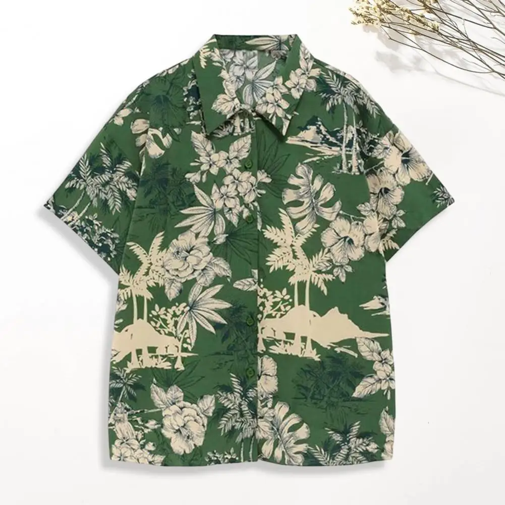 Men Beach Shirt Coconut Tree Printed Casual Hawaiian Shirt  Summer Short Sleeve Shirt Floral Leaves Patch Pocket Male Shirts