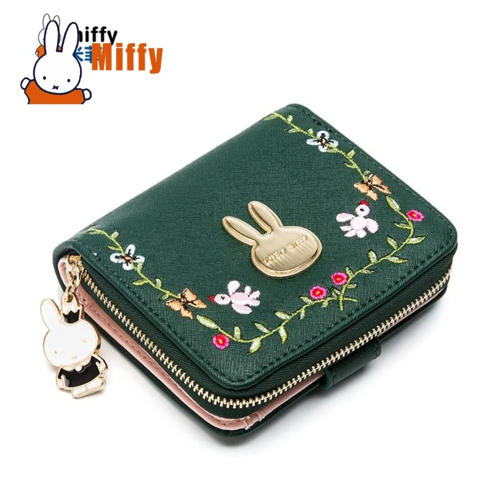 Kawaii Miffy Geldbörse, niedliche Hasen-Geldbörse, Kartenhalter, kurze Leder-Clutch, bestickte Reißverschluss-Münztasche, Damen-Umhängetasche, Geschenk