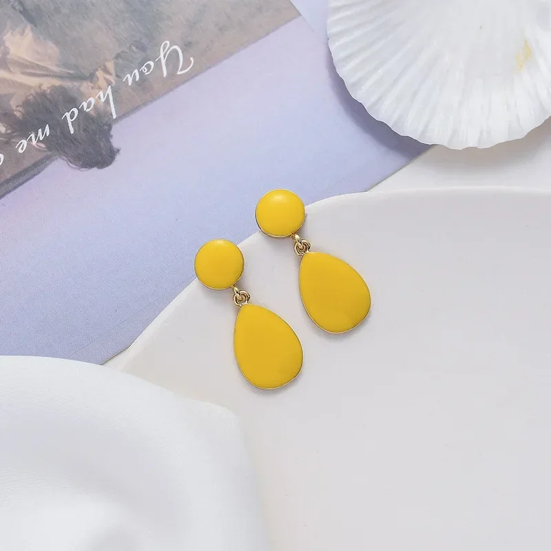 Korean Colorful Water Drop Statement Earrings for Women 2024 Summer Yellow Blue Green Metal Geometric Dangle Earrings Jewelry