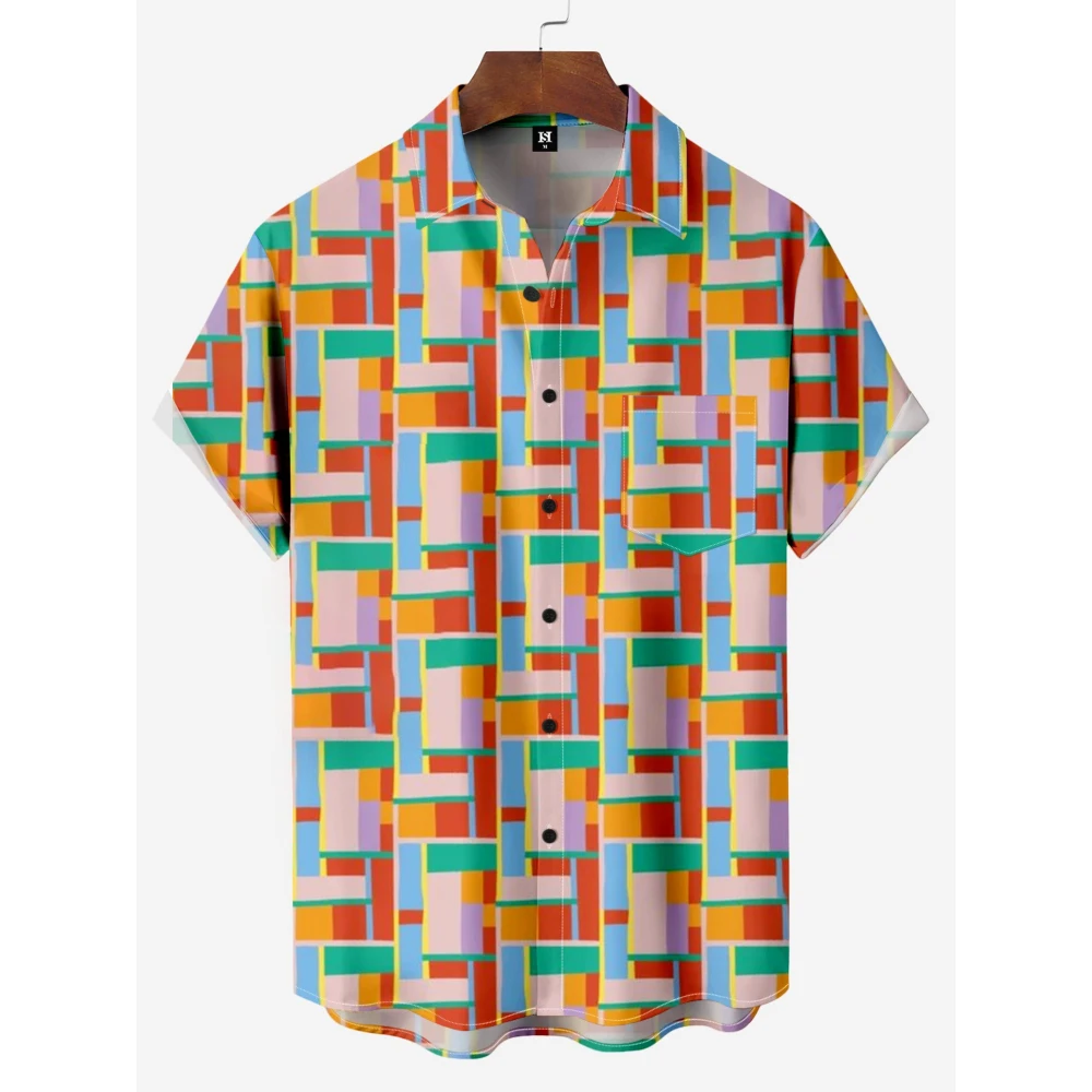 Summer Men Shirt 3D Plaid Printed Short Sleeved for Hawaiian Beach Shirt Shirt Casual T-Shirts Men's Clothing Oversized Shirts