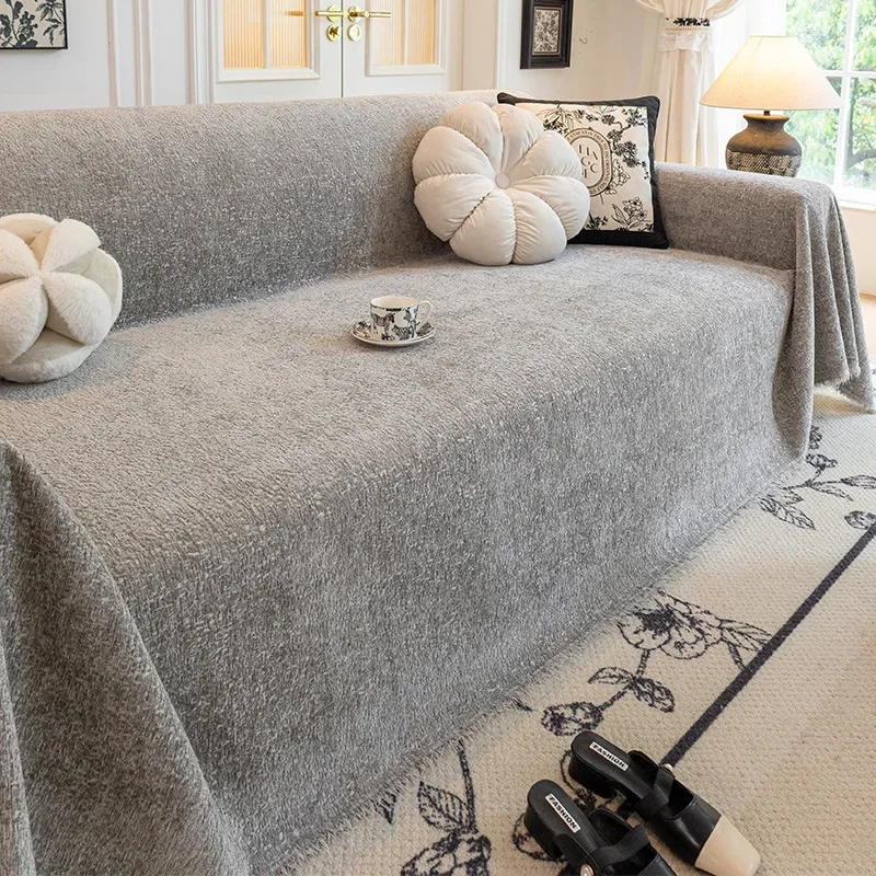 Chenille Sofa Towel All-cover Coffee Striped Pattern Sofa Throw Blanket with Tassels Couch Protector Double Face Usable