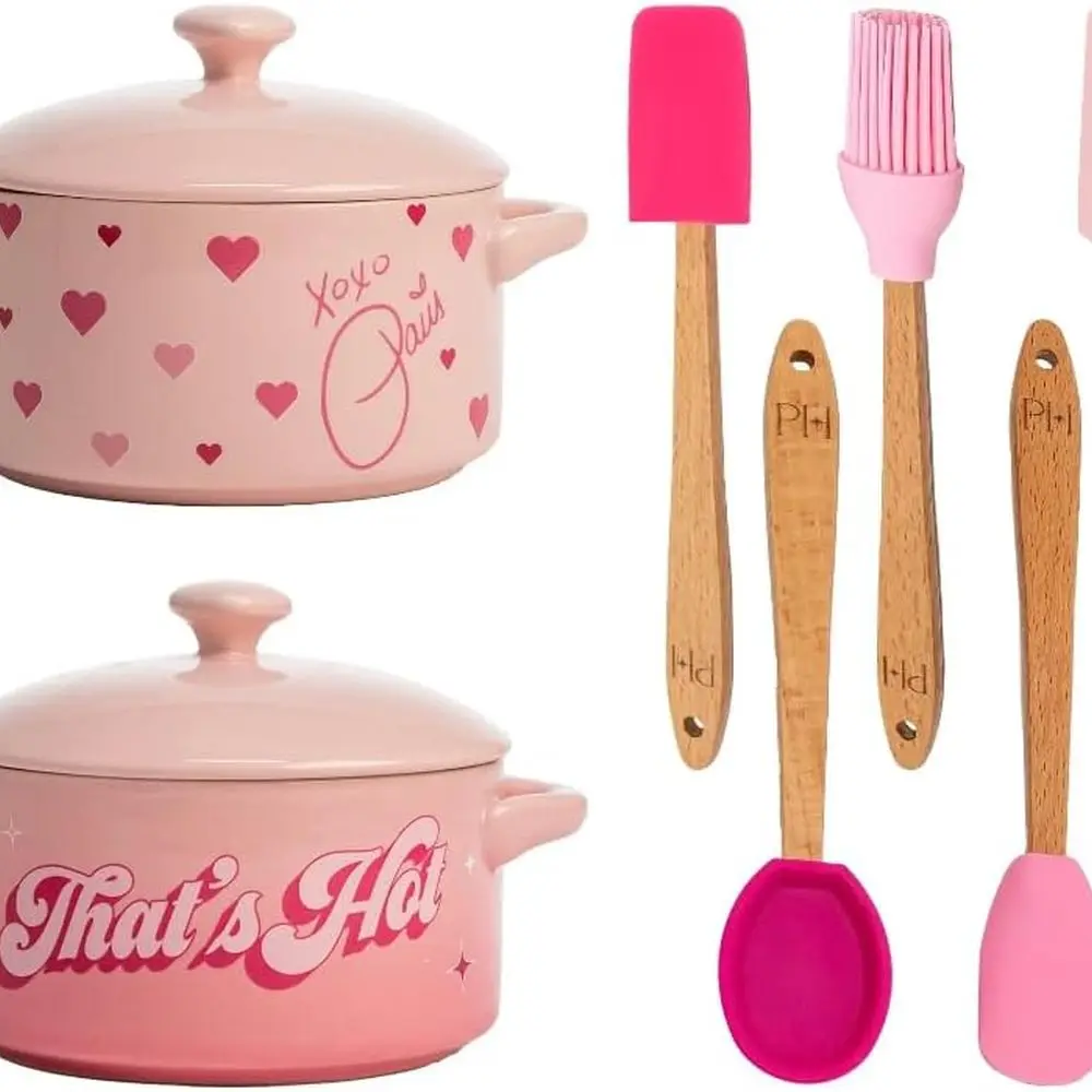 

Набор из двух розовых мини-круглых кастрюль с 5 силиконовыми кухонными принадлежностями, сердцем и ретро-узором