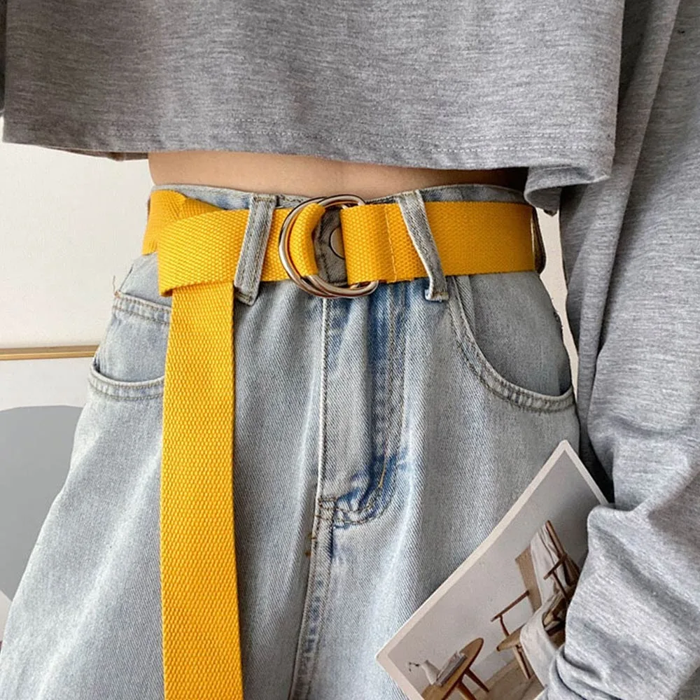 

Trendy Korean Style Canvas Belt Solid Color Casual Adjustable Waistband Non-Punched Lightweight Double Ring Buckle for Jeans