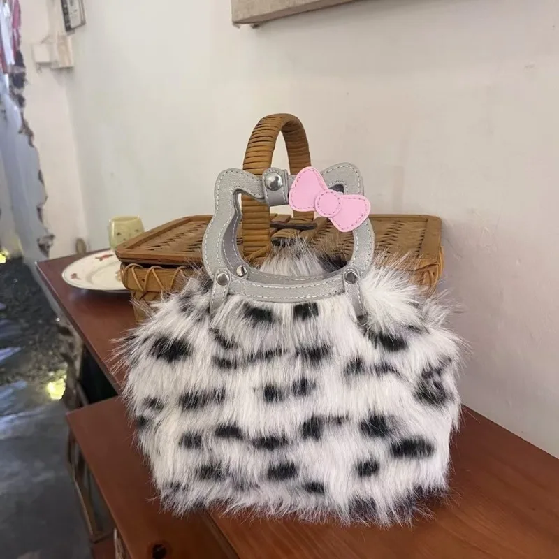 2024 New Autumn Winter Vintage Style Hello Kitty Leopard Print Fur Bag PU Handle Cute Japanese and Korean Hand-held Girl Gift