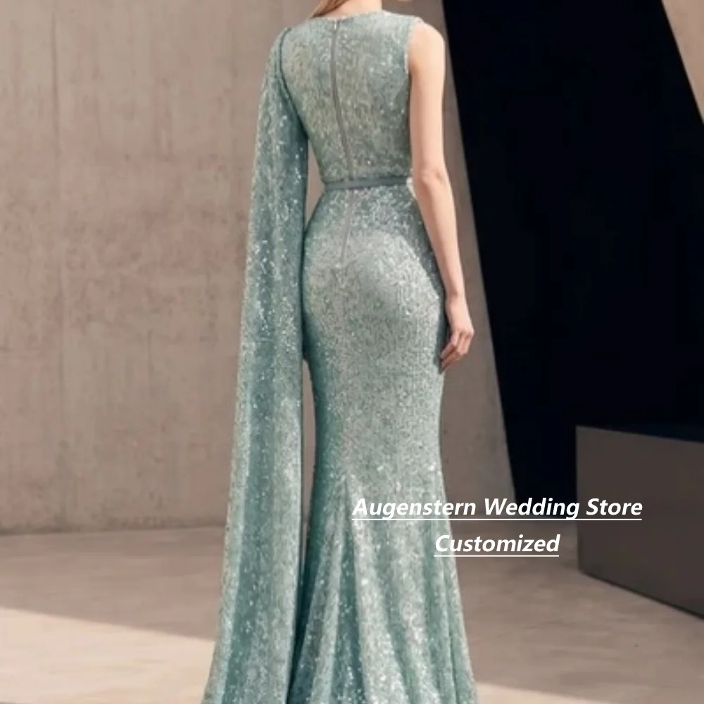 Customized Mint Green Mermaid Round Neck Sequin Mother Of The Bride Gown With Cape Sleeve Belt For Wedding Guest Plus Size