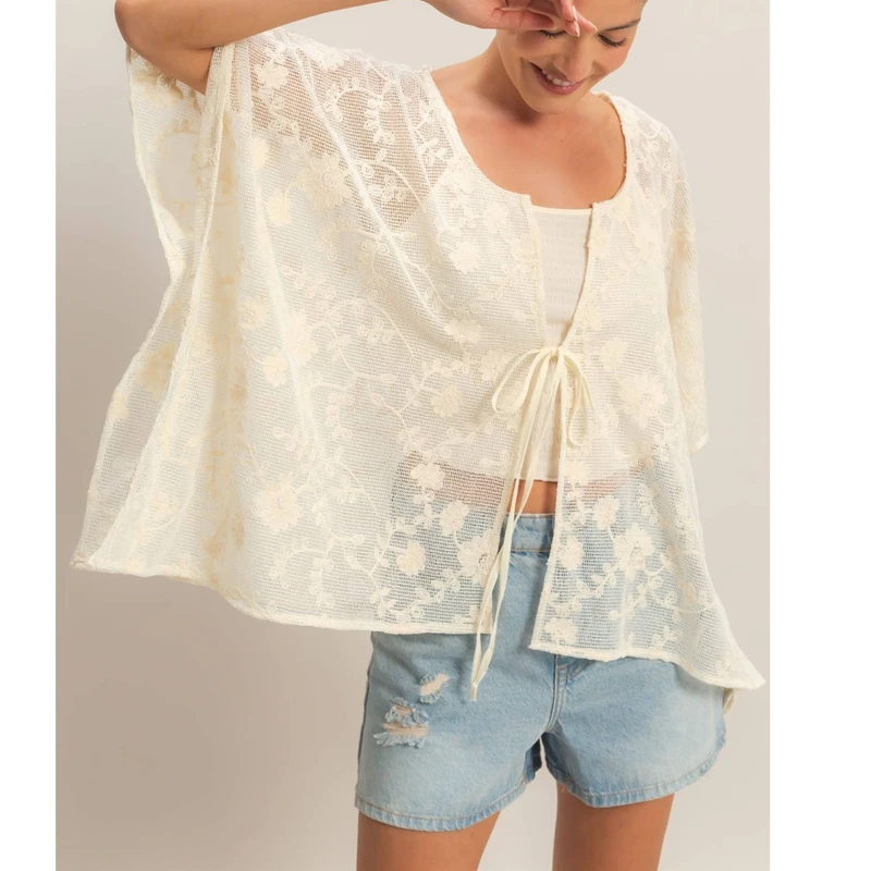 Women's Sheer See-through Cover up Shirt Summer Flowy Loose Fit Tie Front Batwing Sleeve Blouse
