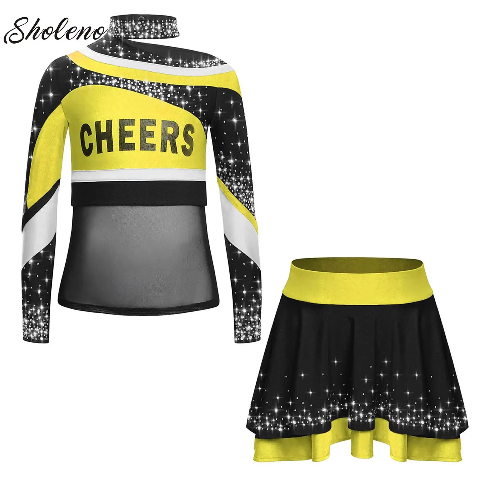 

Cheerleading Performance Costume for Kids Girls Cheer Tops with Pleated Skirt Set for School Stage Cheerlead Uniforms Outfit