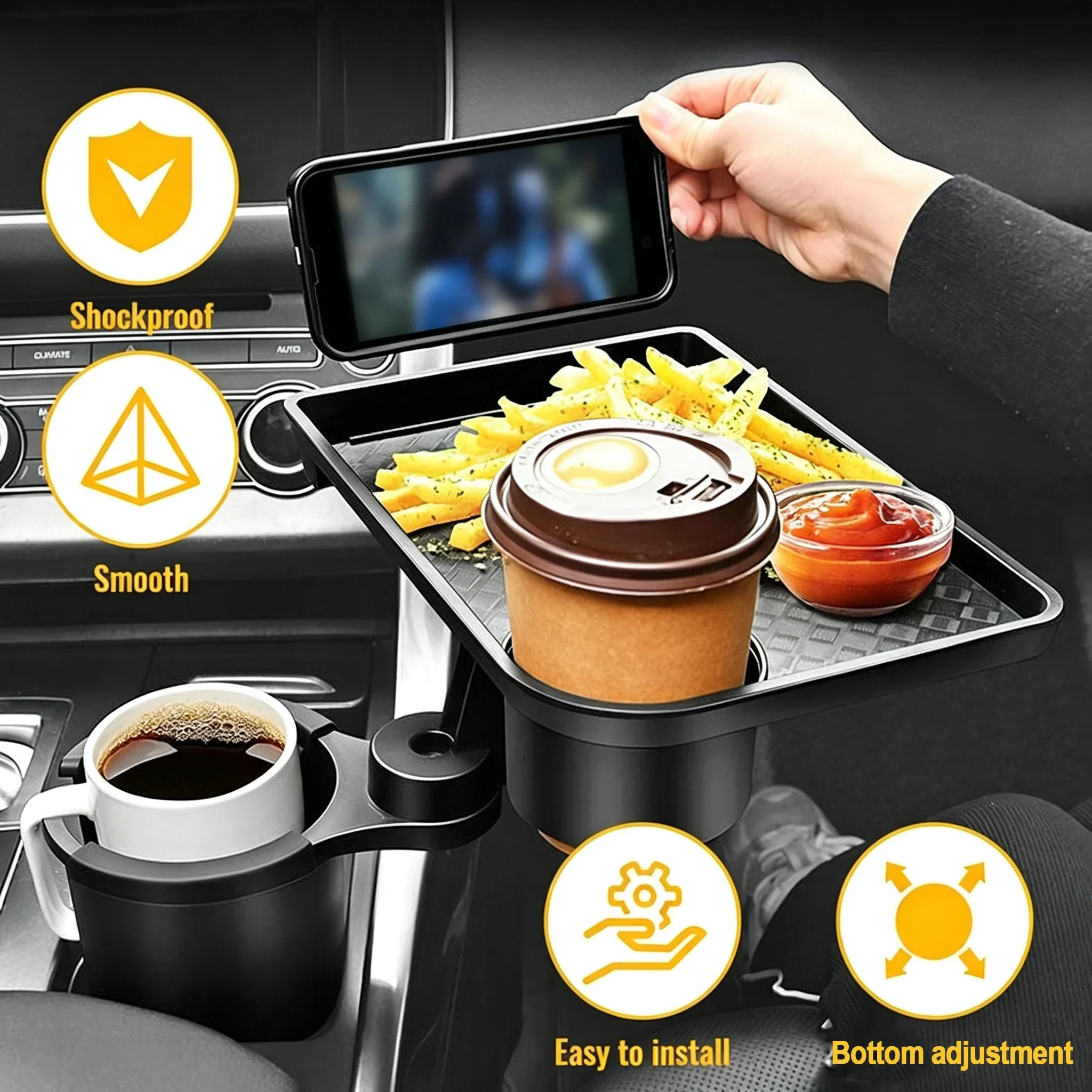 Auto-Getränkehalter-Ablage mit 360-Grad-Drehung, Tischschale, Auto-Organizer mit Doppel-Getränkehaltern und Handyhalterung für Reisen und Essen. – Detail 4