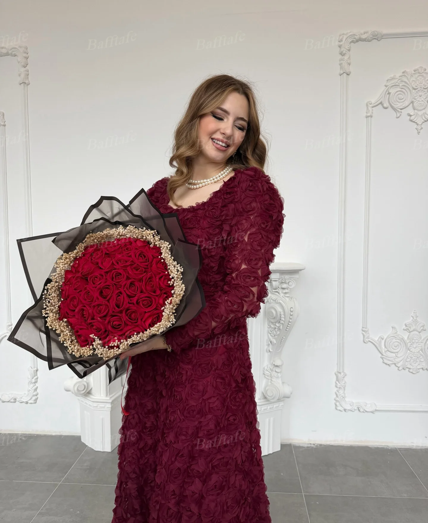 Bafftafe-vestidos de graduación de lujo con flores en 3D, personalizados, línea A, manga larga, vestido de noche para mujer, vestidos de compromiso de boda por debajo de la rodilla