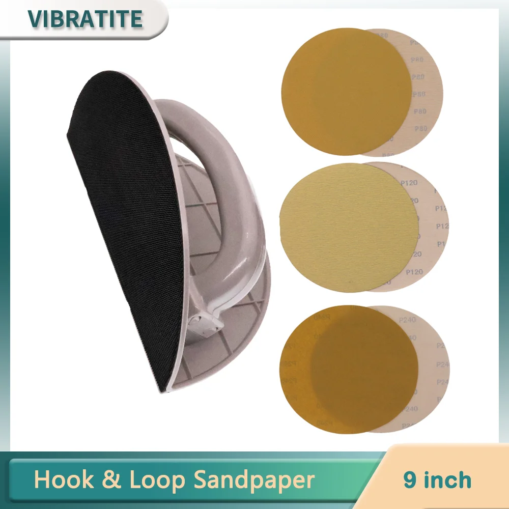 

9Inch 225MM Hook Loop Sandpaper Holder Kit 7Pcs with Gold Sandpaper Aluminum Oxide for Drywall Furniture Metal Woodworking ﻿