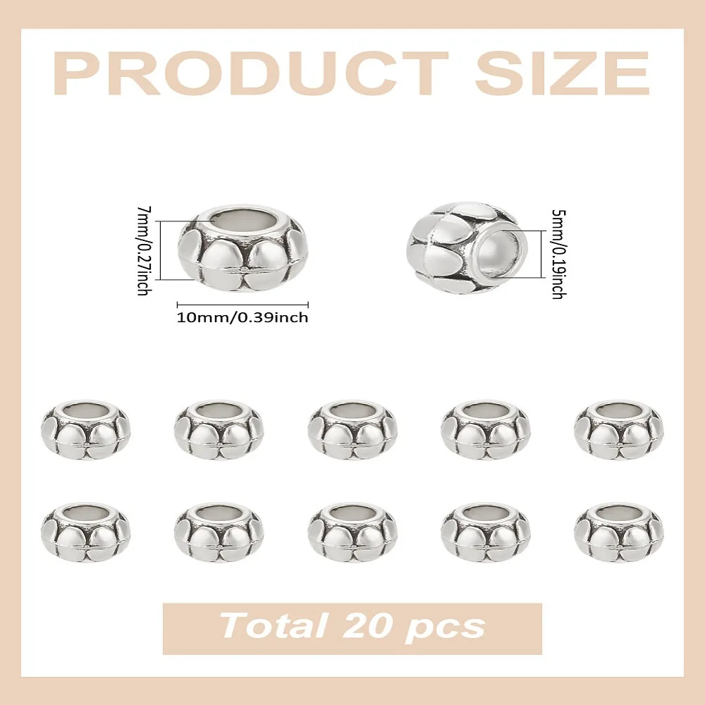 20Pcs Style Alloy European Beads Large Hole Beads Rondelle Silver 10x7mm Hole: 5mm view 2