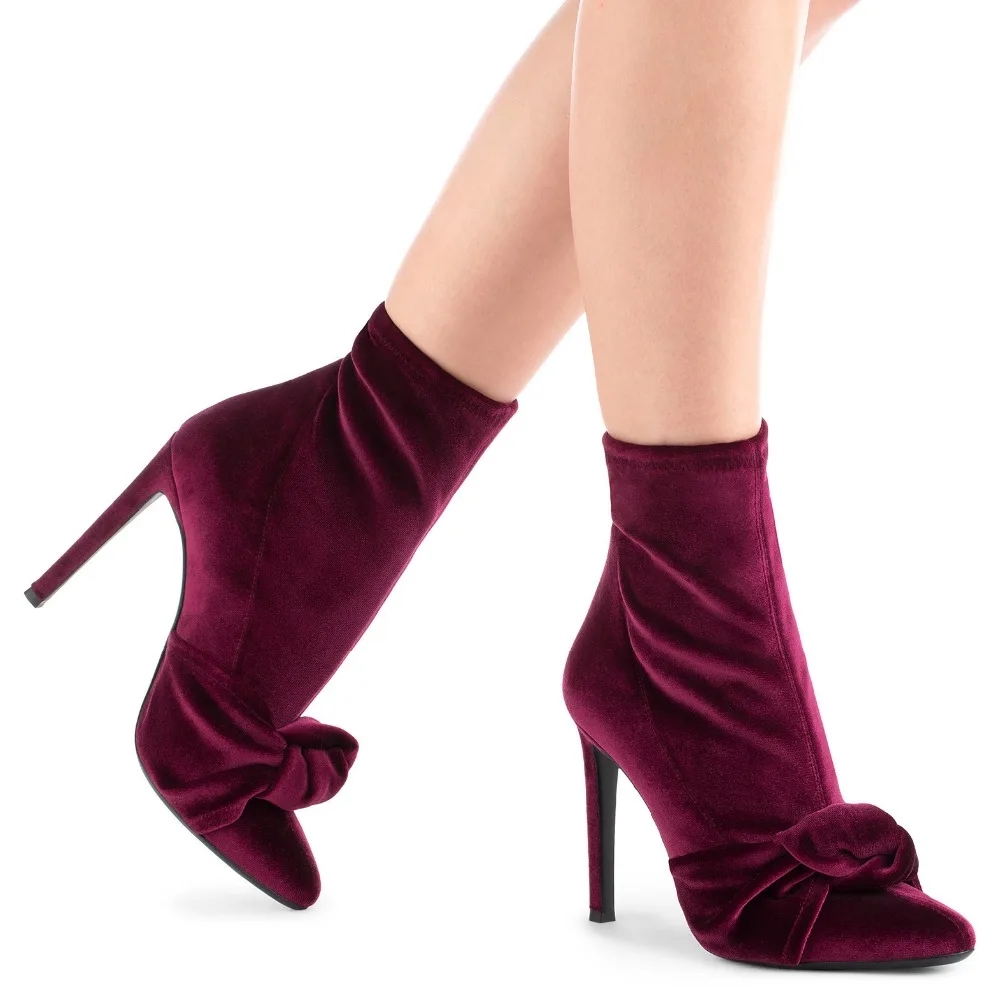 Bow Knot Burgundy Stretch Velvet Ankle boots Pointed Toe Stiletto high Heels Women Gladiator Butterfly knot Slip on  Sock boots