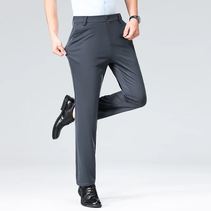 Fashion Branded Waist Men Work Slacks Anti Wrinkle Soft Touch Fabric Tailored Leg Cut Daily Commuting Formal Bottoms