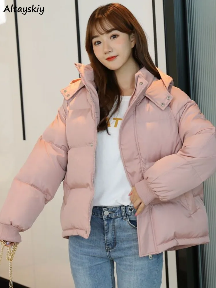 

Parkas Women Solid Simple Baggy Casual Daily Students Winter Plus Velvet Warm Coats Tops Zippers Pockets Fashion Ins All-match