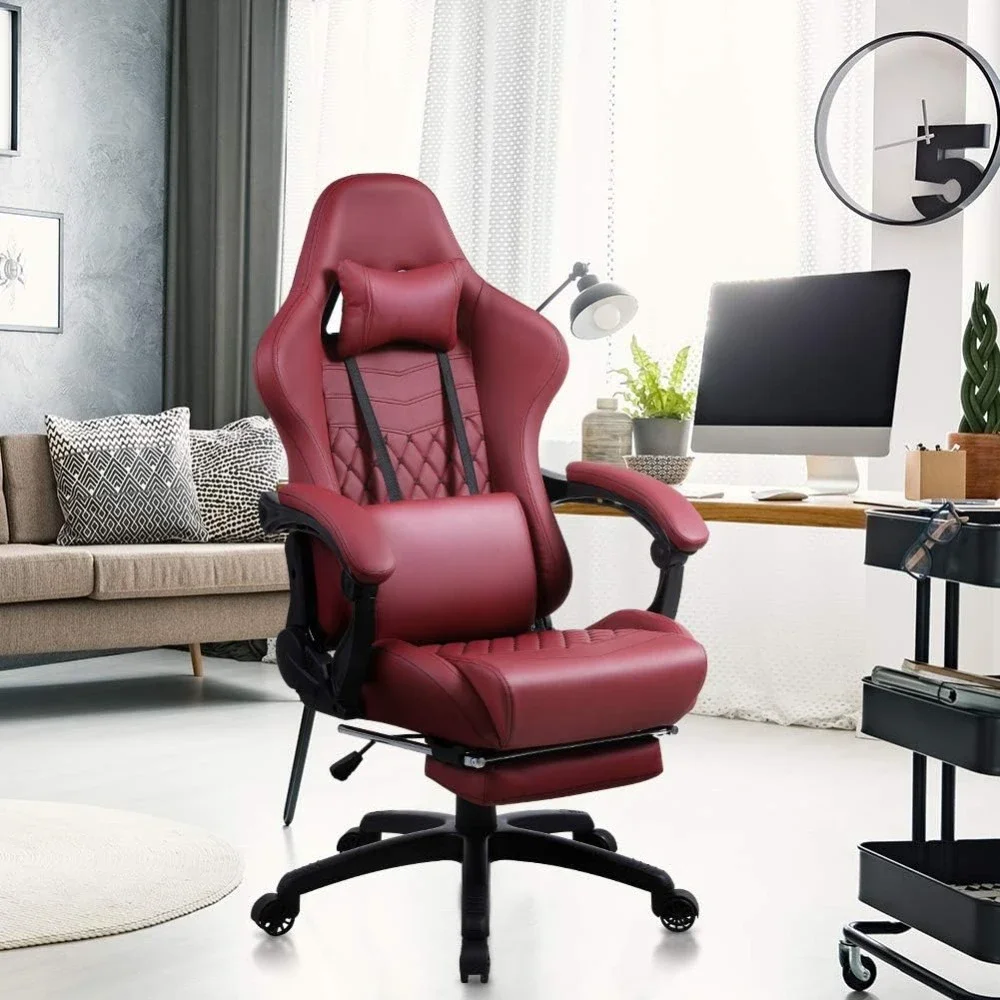 

Red office chair with massage waist support, armchair leather gaming chair, with extendable footrest GM