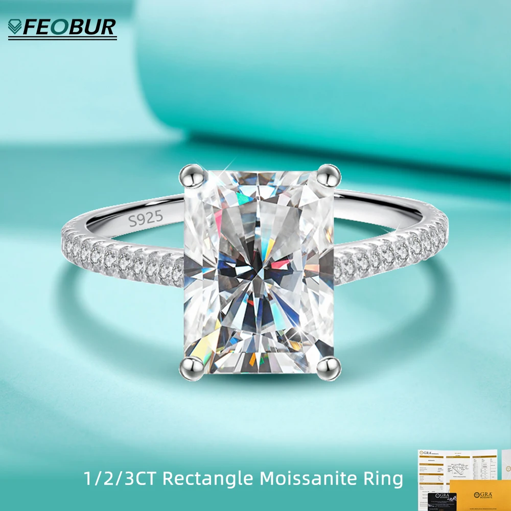 

FEOBUR 1/3ct Radiant Cut Rectangle Moissanite Eternity Rings for Women Classic Diamond Engagement Ring 925 Silver Wedding Band