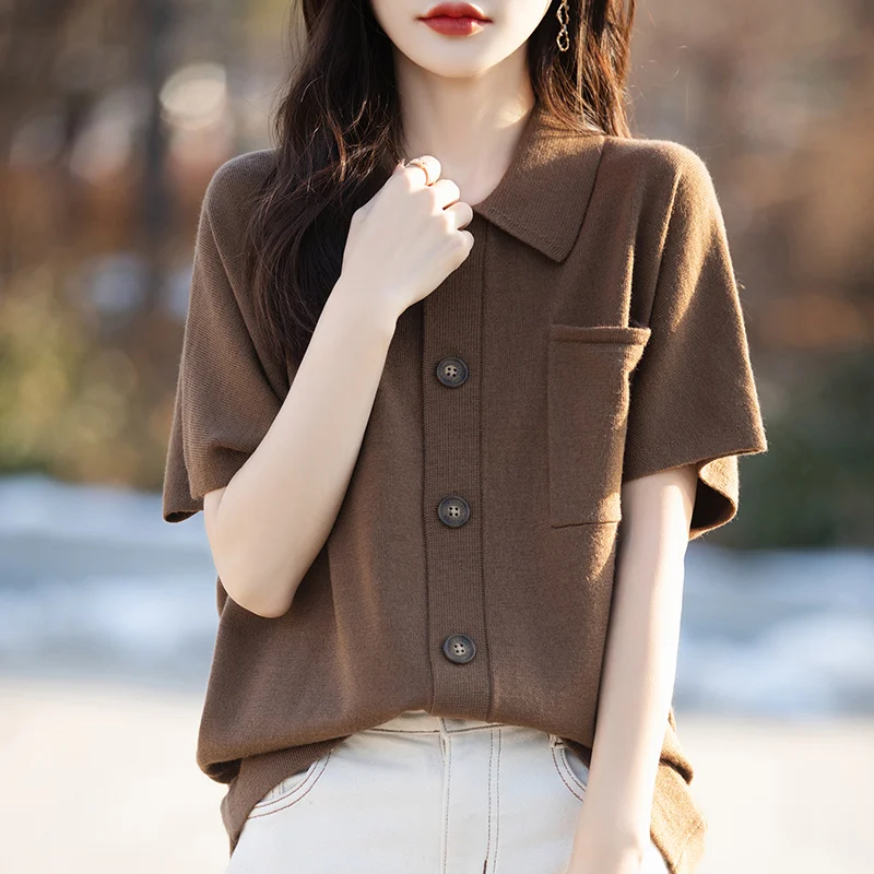 2024 Spring and summer Lapel Cashmere short sleeve cardigan Luxury Casual Lapel Cashmere short sleeve Cardigan Women