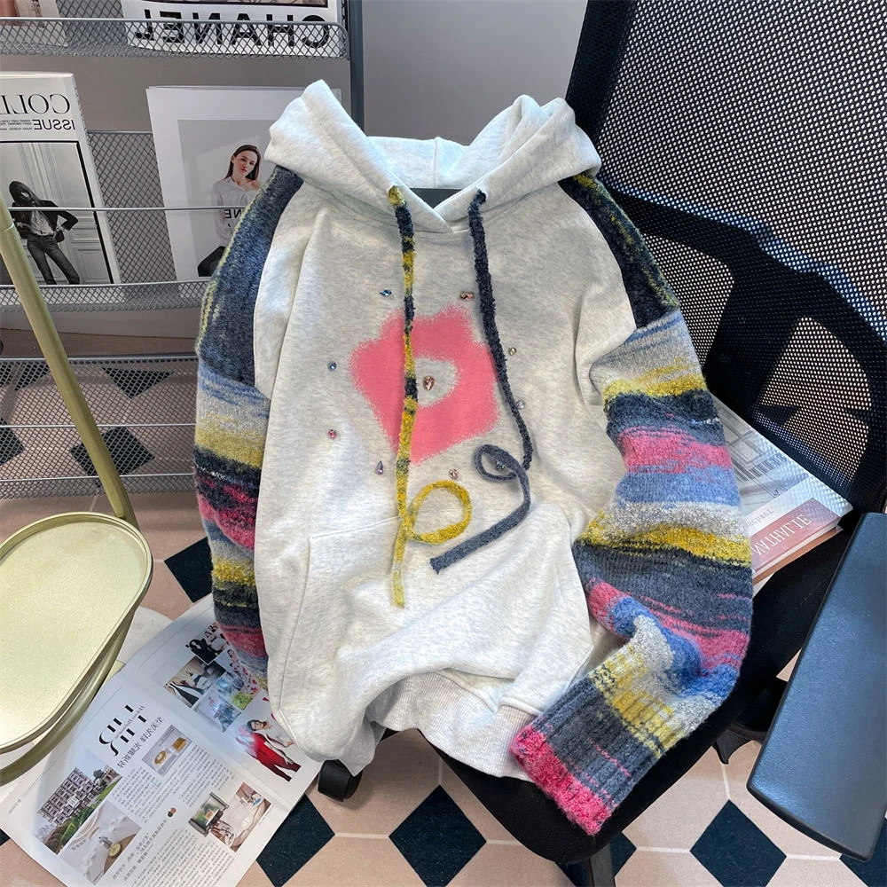 

Autumn Winter Large Size 300 Pou Dopane Knitted Patchwork Hoodie Jaet Men's Loose Long Sve Top Youth Trendy Polyes...