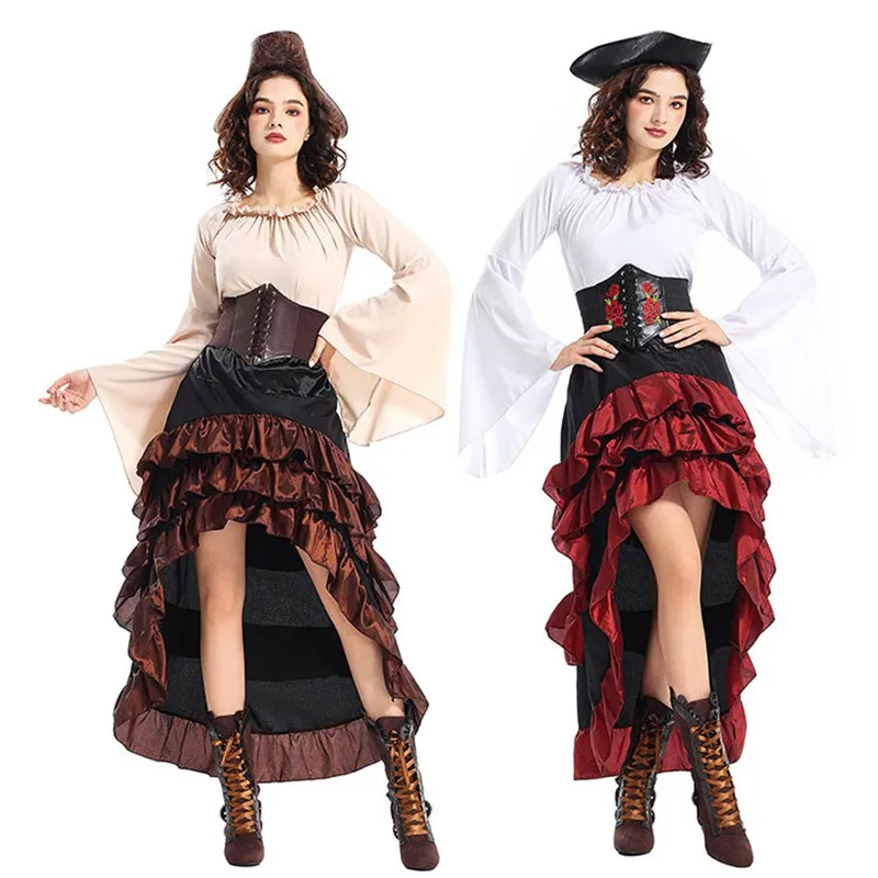 

Halloween Pirate Skirt Costume Medieval Long Tunic with Waist Belt Performative Queen Captain Style Polyester Ethnic Stage Co...