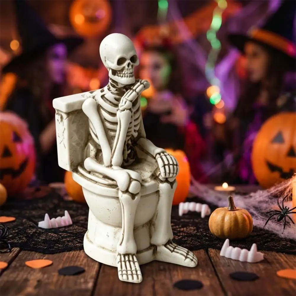 Vintage Skeleton on Toilet Figurine Gothic Spooky Atmosphere Halloween Skeleton Statue Funny Fade-Proof