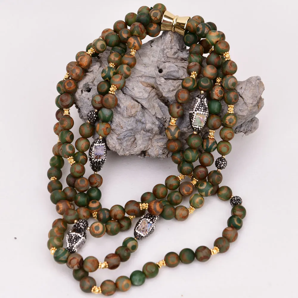 

G-G 12mm Green Brown Frosted Agate Abalone Shell statement Necklace 18" multi strand