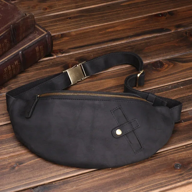 Crazy Horse Leather Waist Pack Layer Cowhide Mobile Phone Waist Pack Leather Purse Men's Women's Outdoor Casual Crossbody Bags