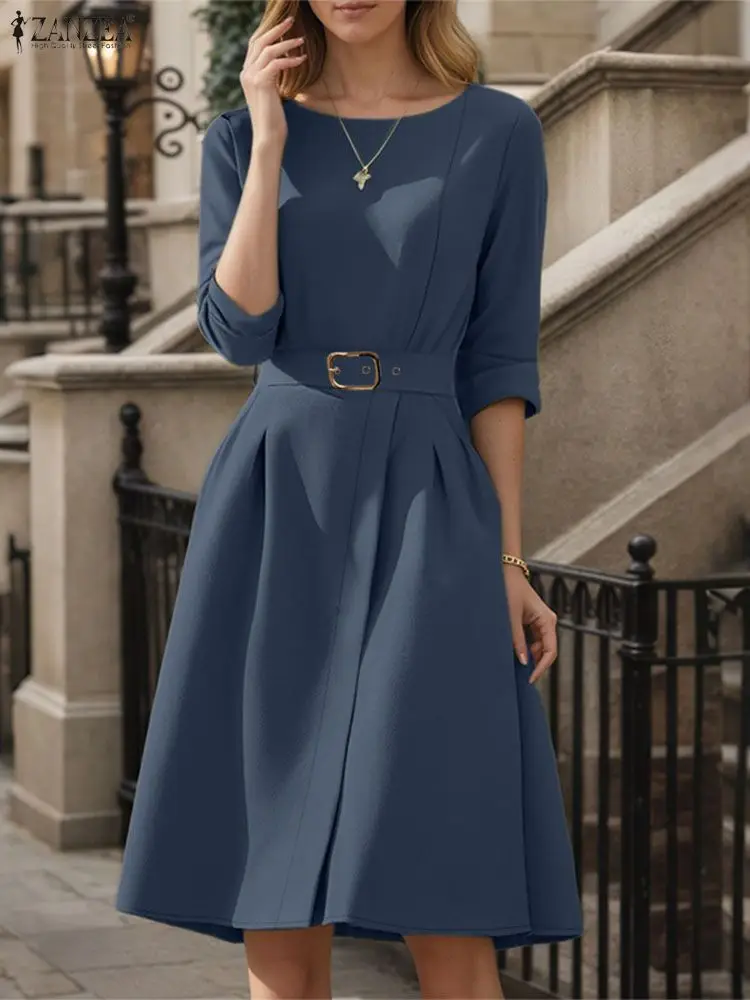 

ZANZEA Elegant Party Vestidos With Belt Women 3/4 Sleeve Casual Knee-Length Dresses 2025 Autumn Solid Color Fashion Office Robe