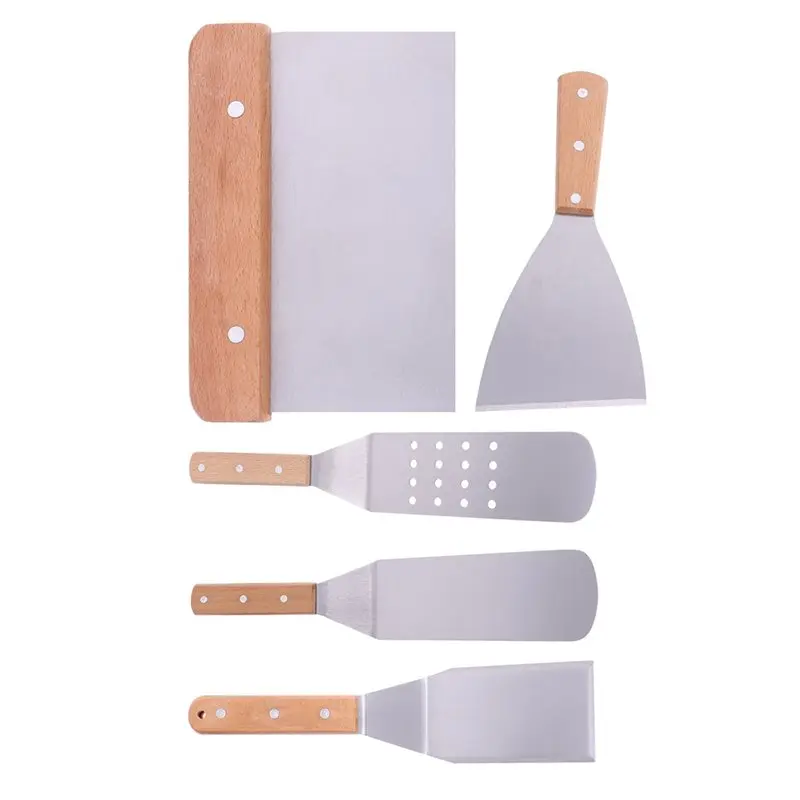 

JFB Kitchen Accessories 5 Pcs Stainless Steel Shovel Wooden Handle For Pizza, Steak, Cake Transfer Bread Scoop Cooking Tool