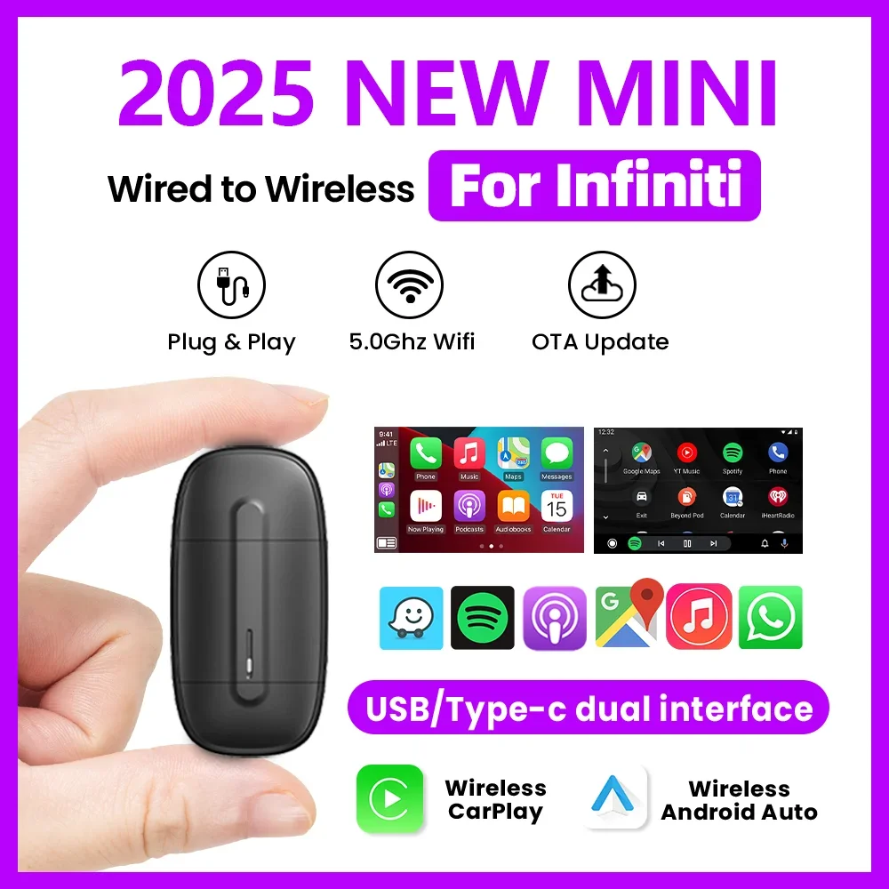 Android Auto Wireless Carplay Adapter USB Type-c 2in1 Smart Dongle Plug and Play For Infiniti Q50 Q60 QX50 QX80 QX55 QX60