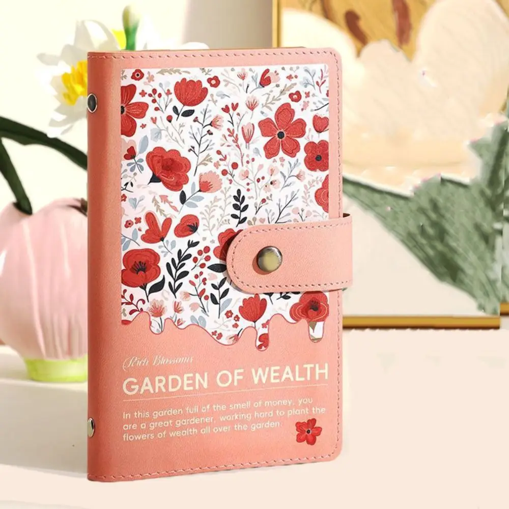 Leather 100 Envelopes Saving Money Binder Refillable Flower Printed Money Challenge Book Loose-leaf Magnetic Buckle