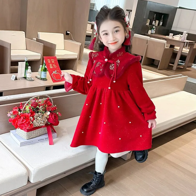 

Baby Girl Red Fleece-Lined Thickened New Year Dress with Shawl2025Winter New Fashionable New Year Outfit for Little Girls