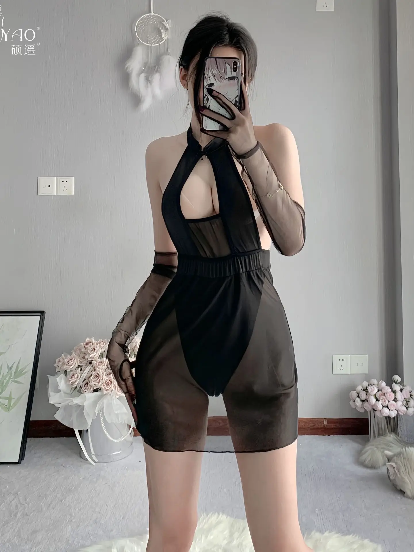 Neck Sexy Hanging Gross Hollow Out Backless Short Wrap Hip Nightwear Uniform Black Lace Kangaroo Pocket Halter Transparent F012