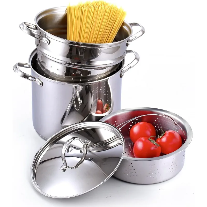 Pentola per Pasta in acciaio inossidabile da 12 quarti, pentola per Spaghetti a vapore pentola Multipots con inserto per colino, con coperchio, Set da 4 pezzi