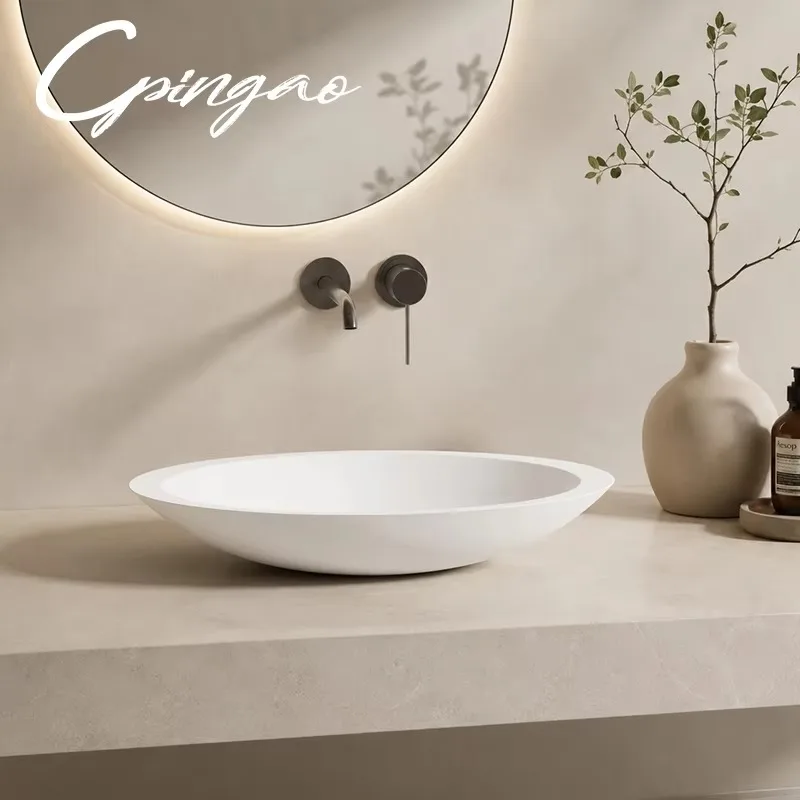 Modern High-quality Solid Surface  Countertop Wash Basin, Eco-friendly and Easy to Clean, for Bathrooms in Hotels and Schools.