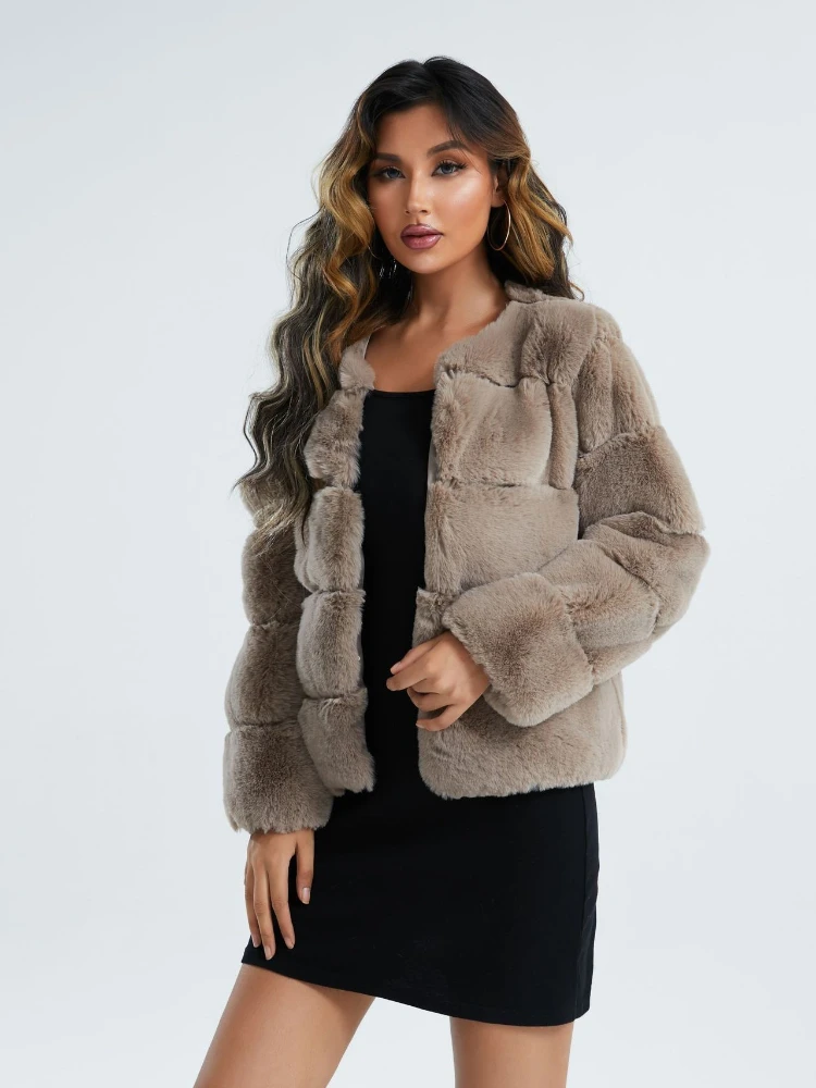 Veste en fausse fourrure à col rond pour femme, couleur unie, décontractée, blanche, moelleuse, Slim, chaude et épaisse, manteau de luxe en peluche de vison, élégant, hiver