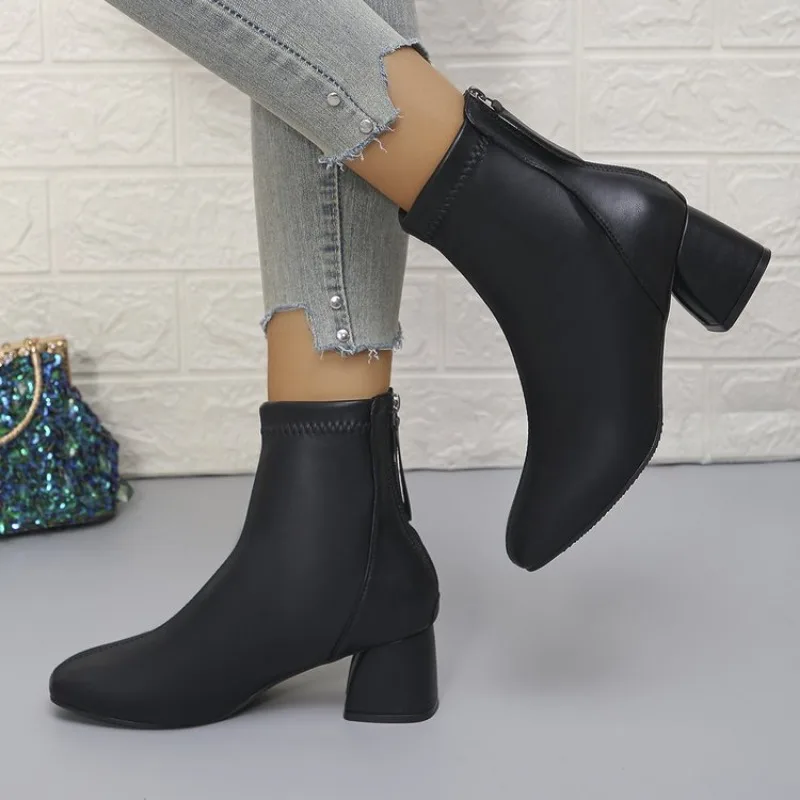 

Square Ankle Boots Autumn Comfortable Soft Leather High Heel Boots Women's Fashion Zipper Simple Temperament Women's Shoes