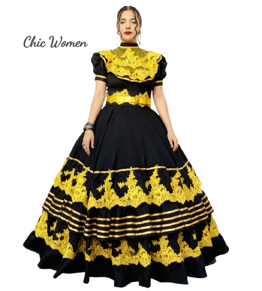 Vestidos De quinceañera negros con temática mexicana con encaje Jalisco Vestidos De 15 Xv Años Debutante Adelita dulce 16 vestido De cumpleaños
