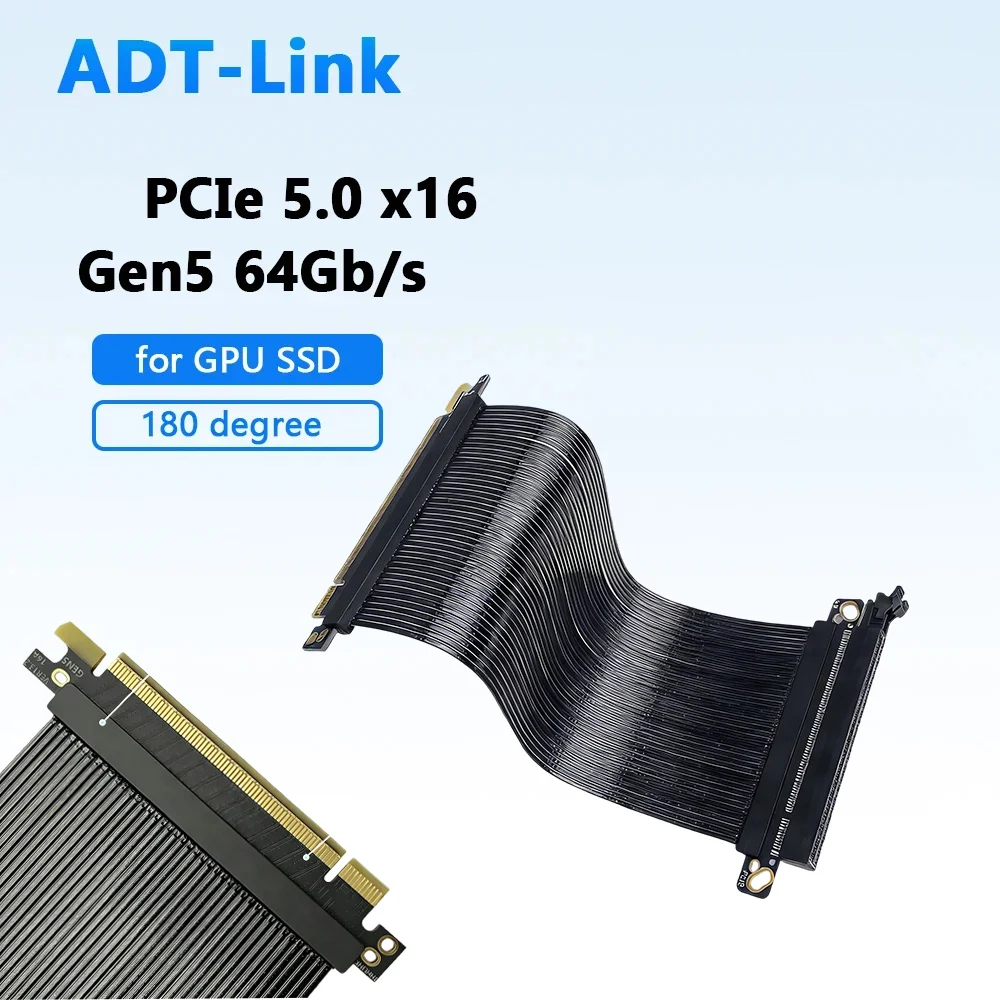ADT PCIe 5.0 x16 180° Parallel GPU Riser Cable Silver-Plated High-Speed Lossless Gen5 Extension Flat Ribbon for ITX/SFF Build