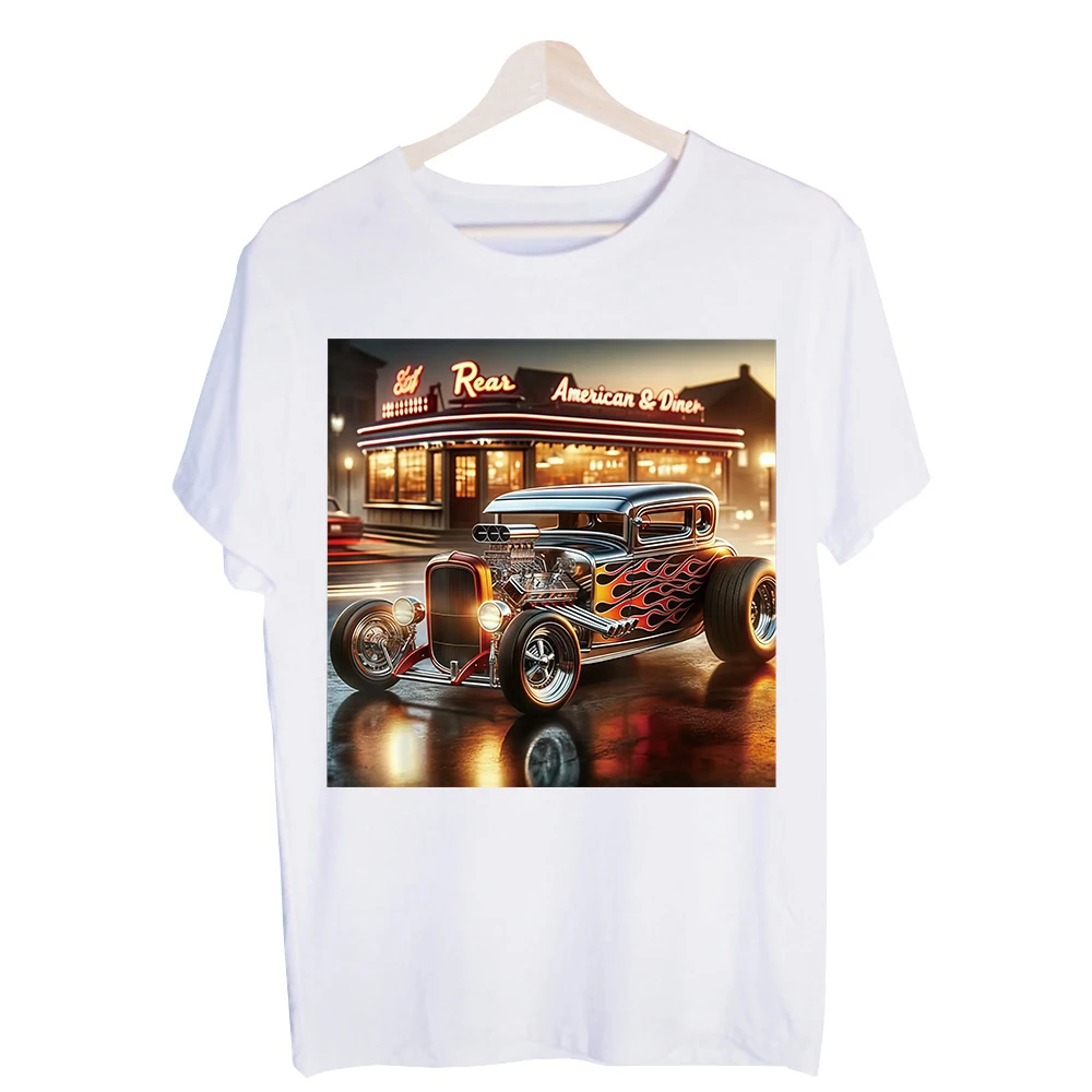 Men's Classic Hot Rod Flames Graphic Tee, Vintage Style Short Sleeve T-Shirt Casual Streetwear and Car Enthusiast Outfits